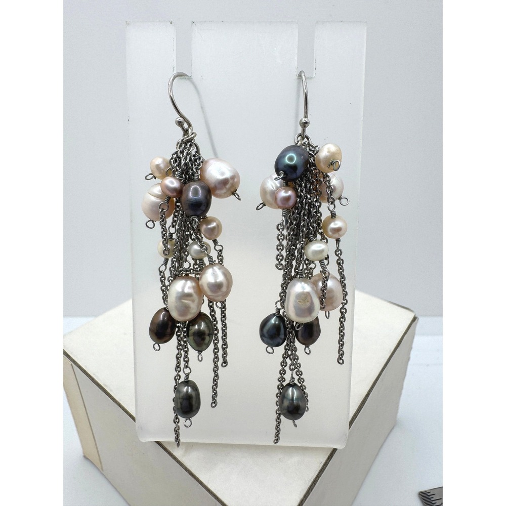 Multicolor Freshwater Pearl Cluster Tassel Dangle Earrings Silver Tone Mermaid